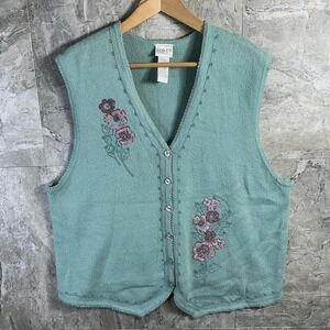 Vintage Koret Blue Floral Embroidered Button Up Sweater Vest Size XL